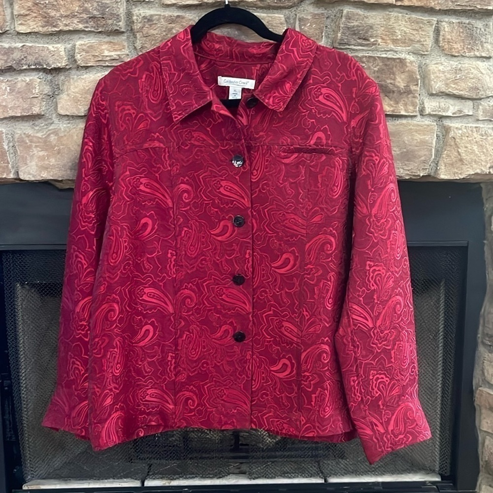 Coldwater Creek red shiny paisley jacket with black buttons. Size XL
